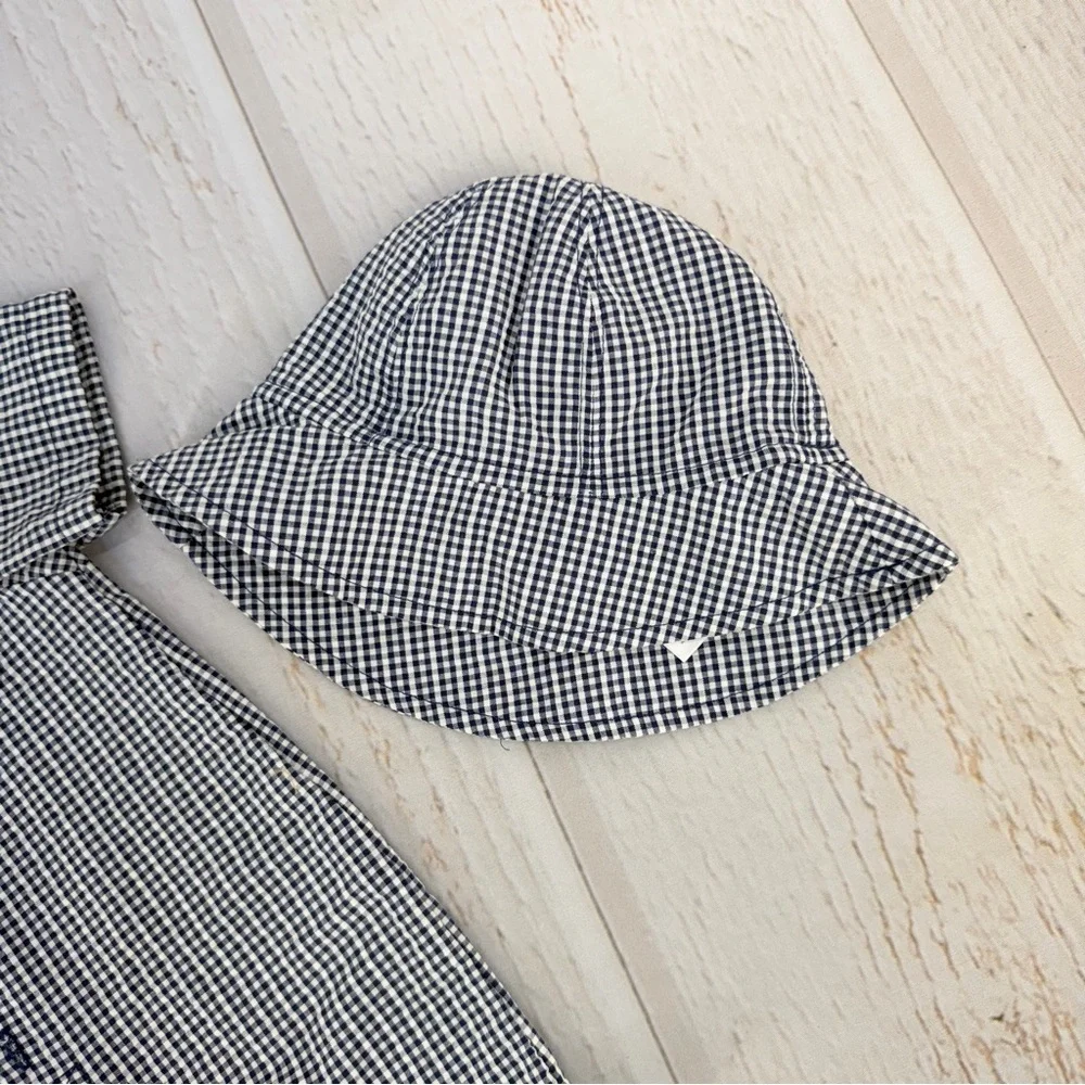 Carter’s 3M Gingham Romper +‎ Hat Baby Outfit Blue White Pre-Owned